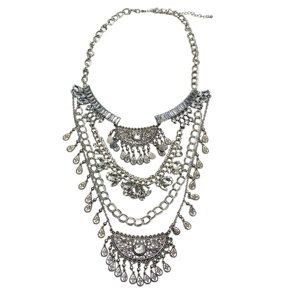 Boho Maxi Statement Necklace Rhinestone Bib Silver Tone Boho Maximalist